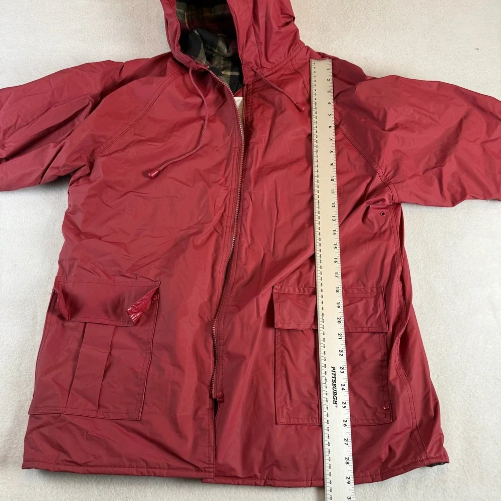 90s Misty Harbor Original Mens Red Hooded Rain Jacket Plaid Flannel Lined Large